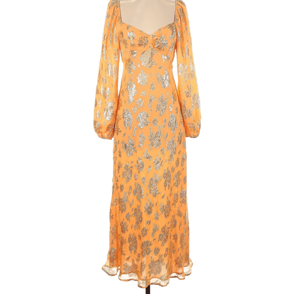 Rixo Orange Dress With Gold Floral Design